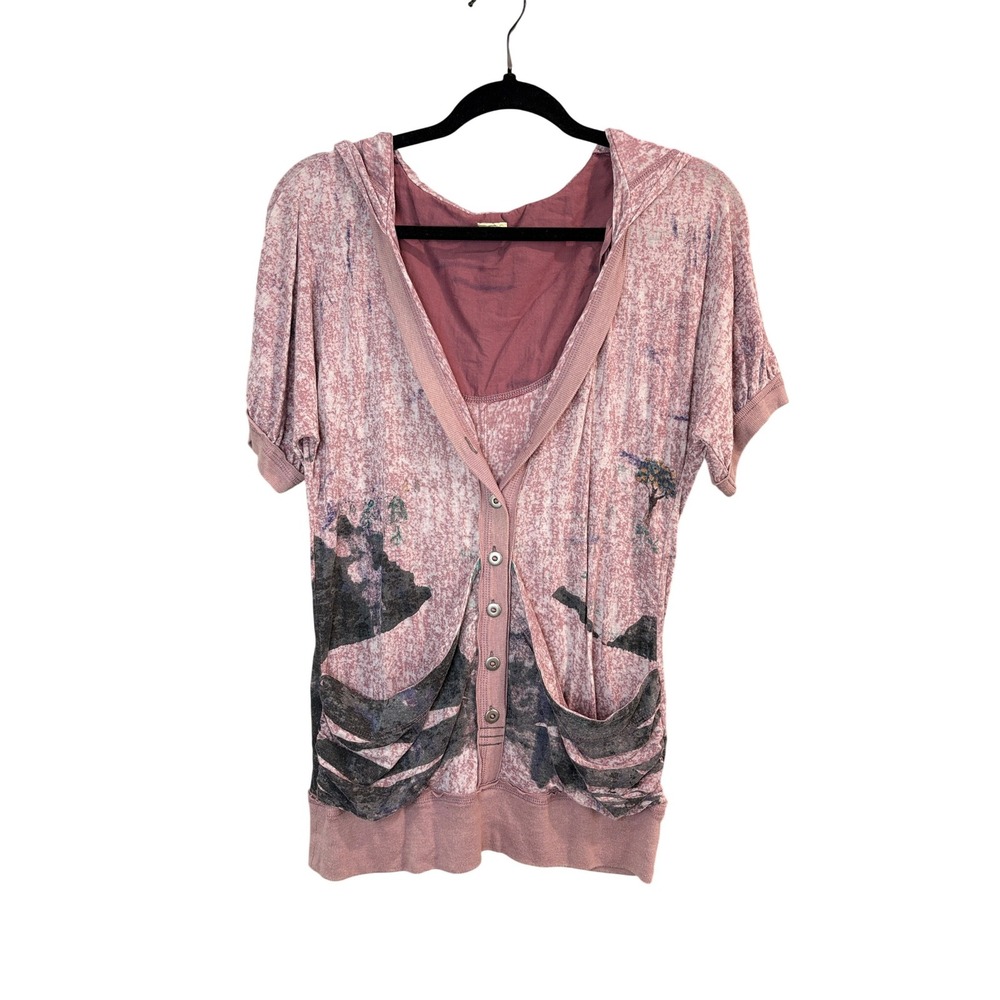 Free People Pink Mountain Graphic Short Sleeve Hooded Cardigan Size SP